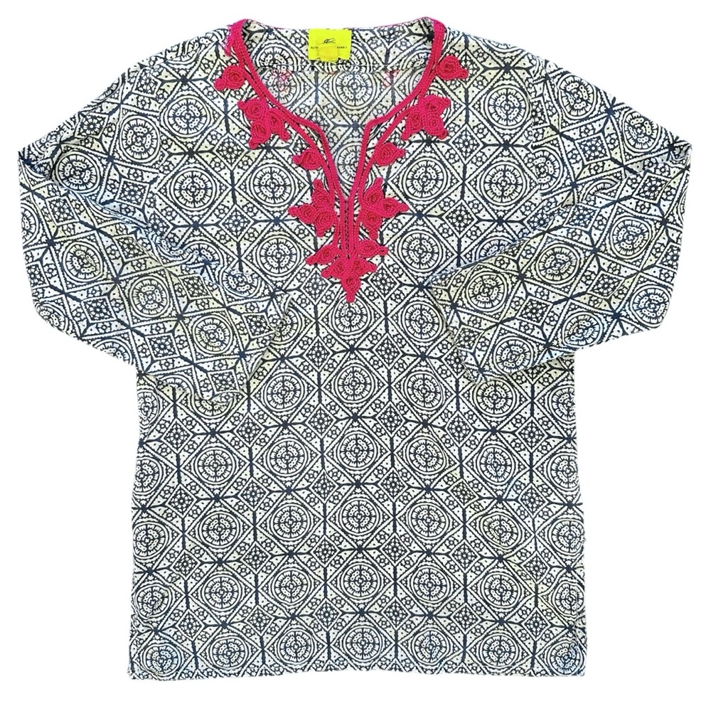 Roberta Roller Rabbit Navy Blue & White Mosaic Print Tunic Pink Trim Girls 10
